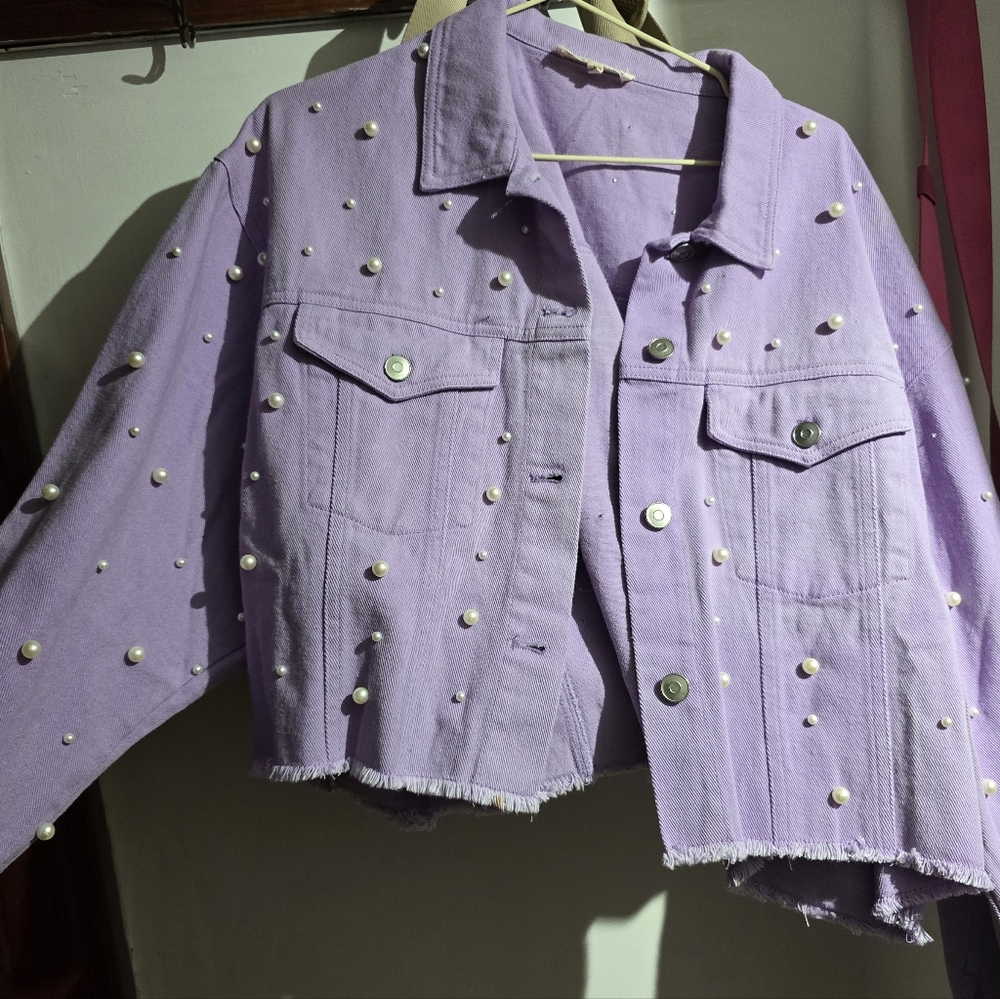 Peach Love California Lilac Pearl-Embellished Jean Jacket